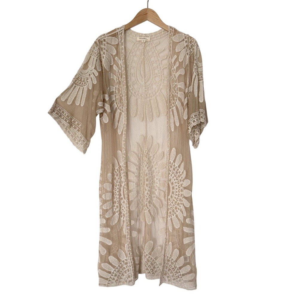 Rebellion Again Embroidered Lace Mesh Kimono Womens M Tan Boho Festival